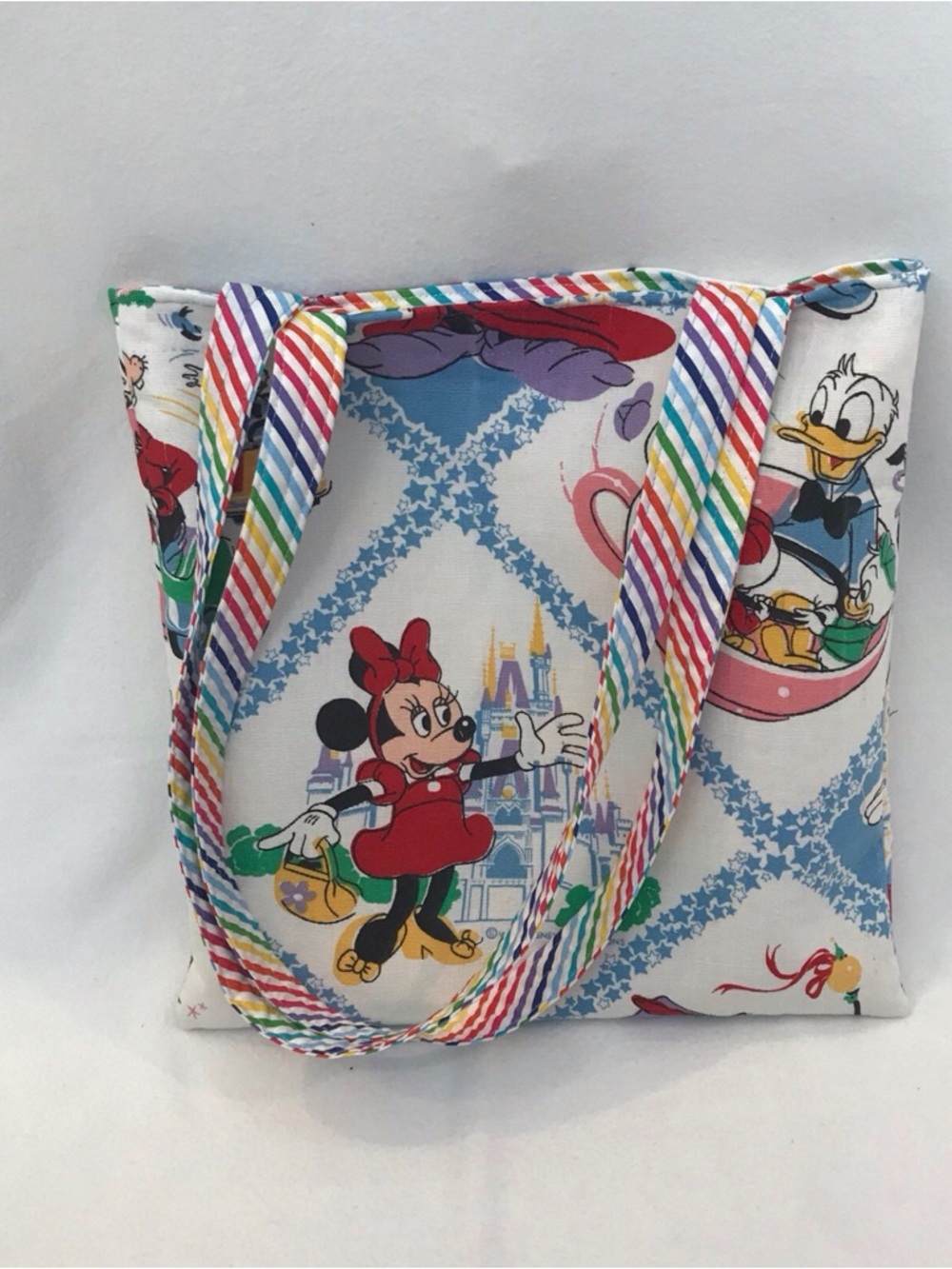 Handmade Tote made from Vintage Disney Fabric with Rainbow Stripe Straps